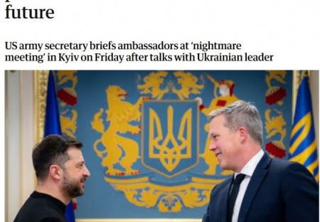 USA informovaly spojence v NATO, že budou na Zelenského tlačit, aby mírovou dohodu podepsal, uvádí The Guardian.