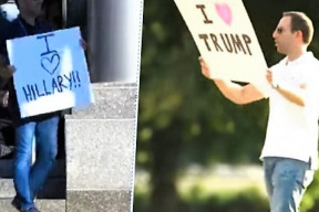 video-s-plakatem-na-podporu-hillary-mezi-priznivce-trumpa-a-naopak-vysledek-nas-bohuzel-neprekvapil